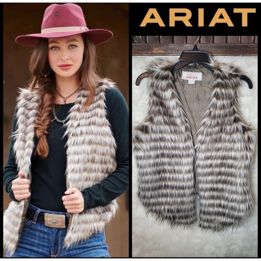 Ariat Faux Fur Vest Brown Cream Shaggy Tiered Western Heritage Ranch Boho Small